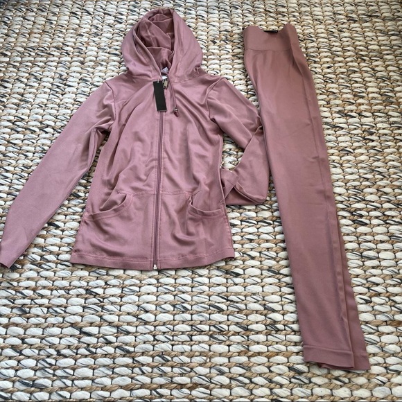 Pink 2 Piece Zip Hoodie Track Suit with Leggings Tights Sexy Crepe Material - Picture 8 of 17